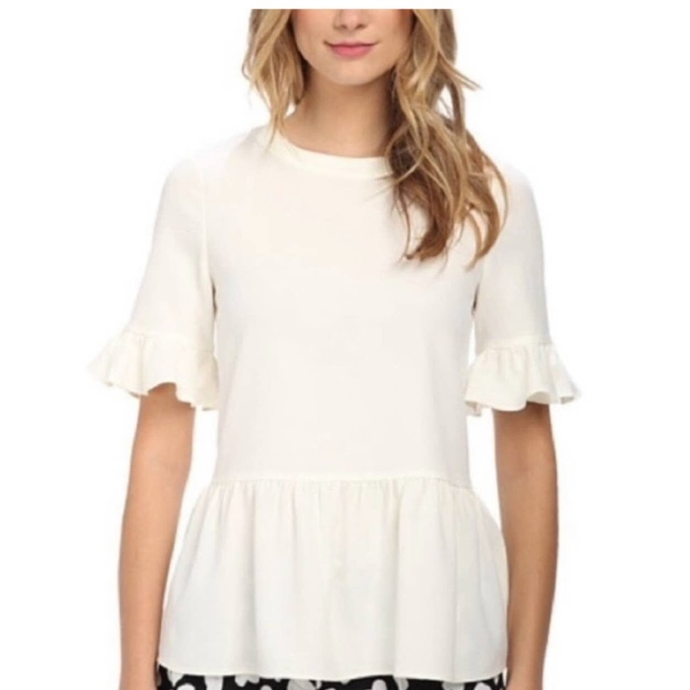 KATE SPADE Linda Ruffle Sleeve Peplum Hem Ivory Blouse Size Large